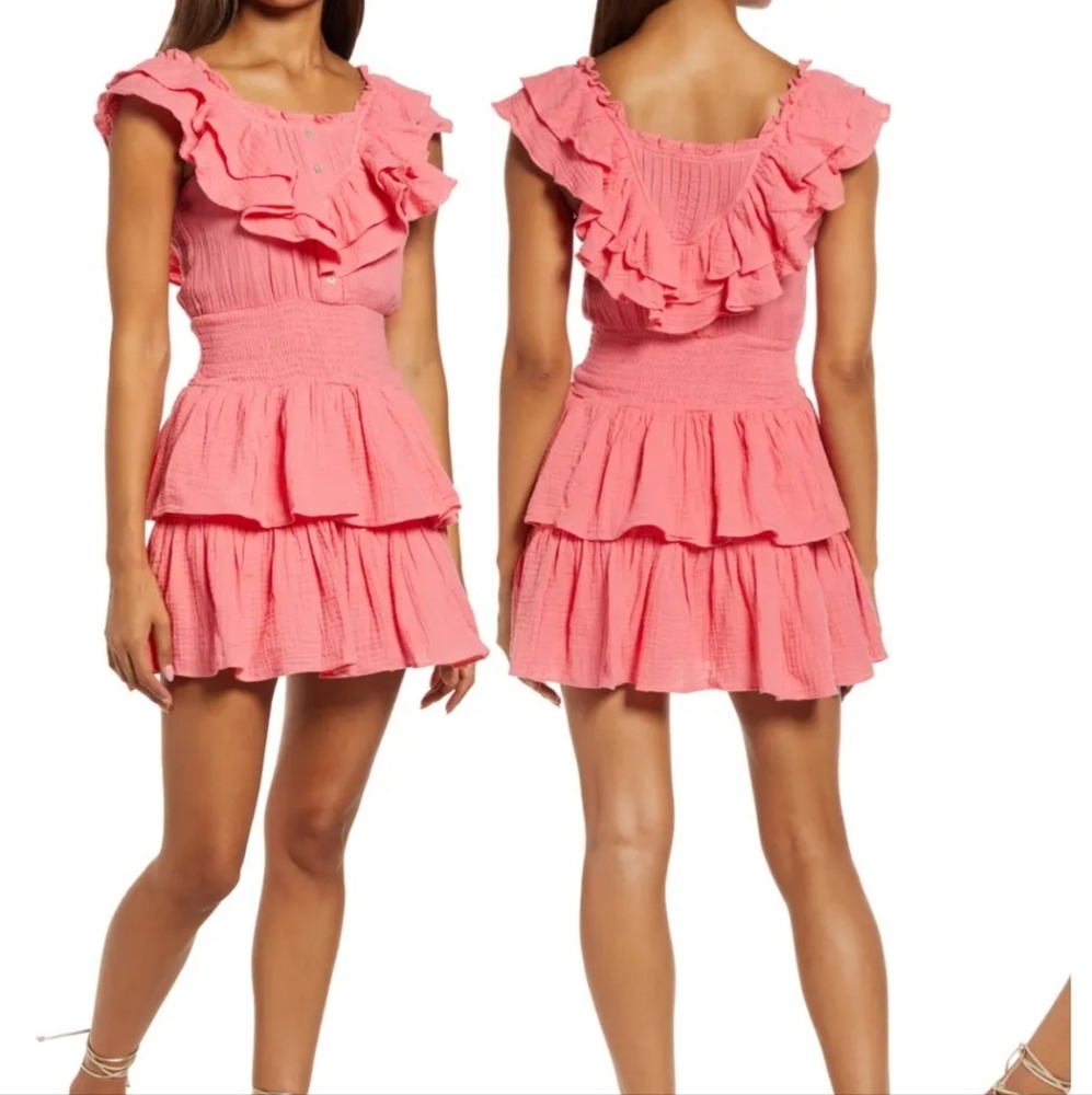 BTFL-life Smocked Waist Tiered Ruffle Minidress Catton Peach Color Size Medium